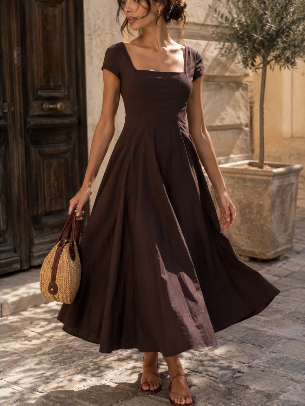 STAUD Brown Square-Neck Midi Dress